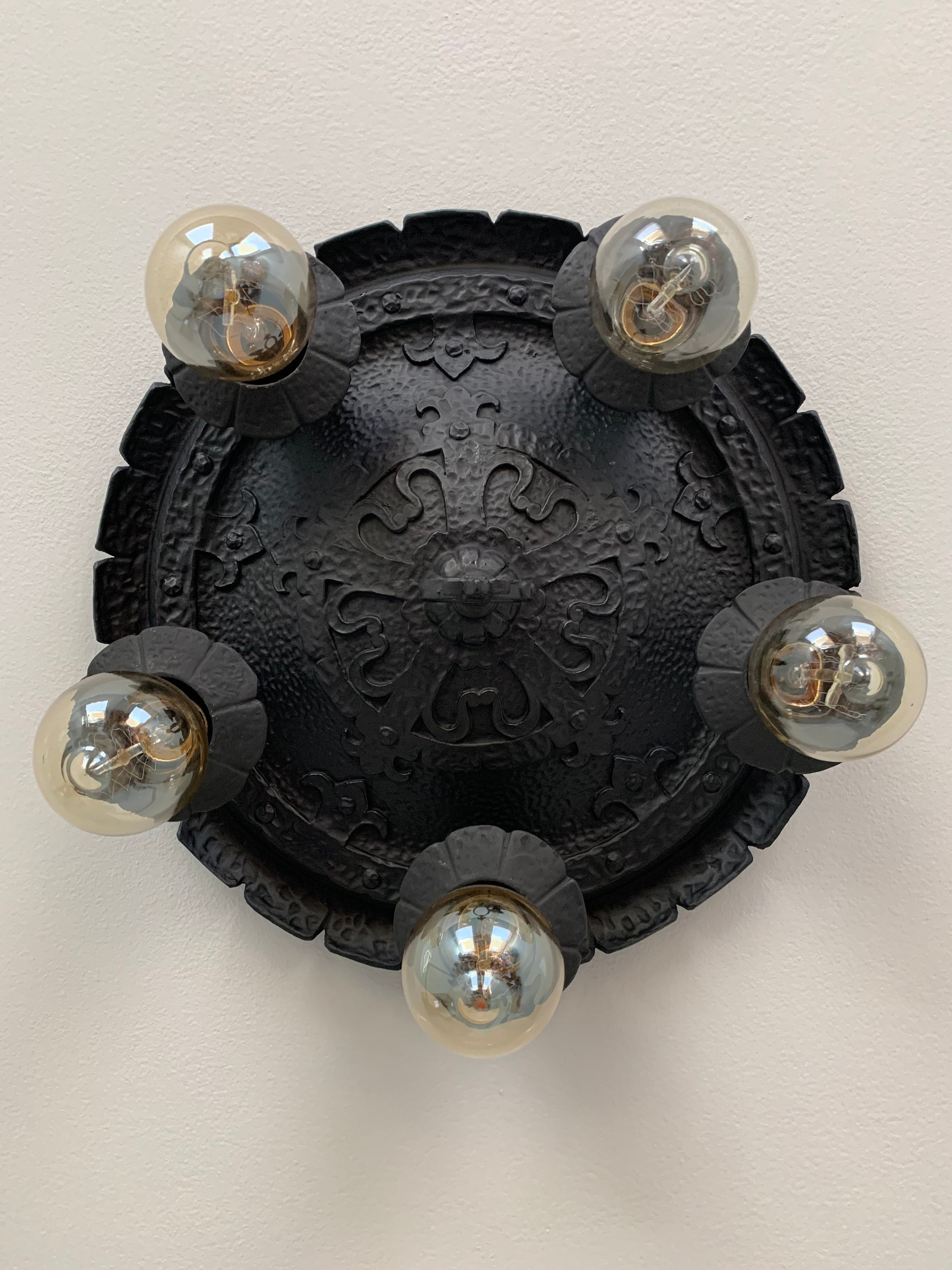 1907 Gothic Medieval Antique Flush Mount Light Fixture, 5 Bulb Cast