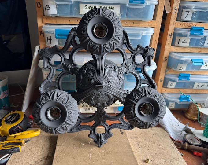 Antique Flush Mount Light Fixture, 1920's Heavy Cast Iron, Charcoal Black, Rewired/Restored and Ready to Install: LACO