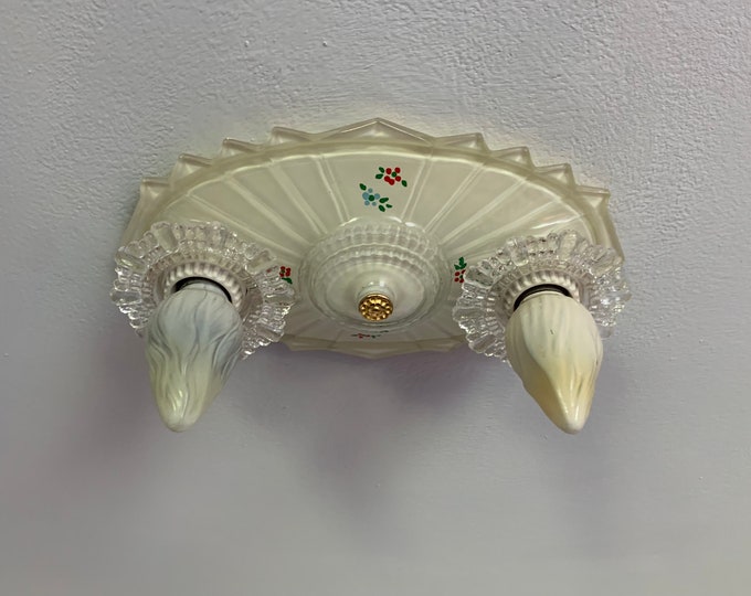 Antique Reverse Painted Flush Mount Ceiling Fixture, Two Light Glass, Rewired, 1930's Porcelier, Ivory with Hands Panted Floral