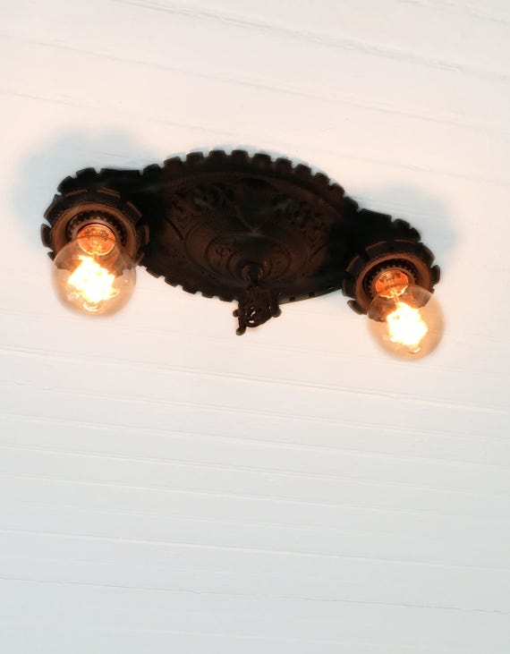 1910 S English Tudor Flush Mount Ceiling Light Fixture 1910 S English Tudor Flush Mount Ceiling Light Fixture Charcoal Black Rewired Ready To Install