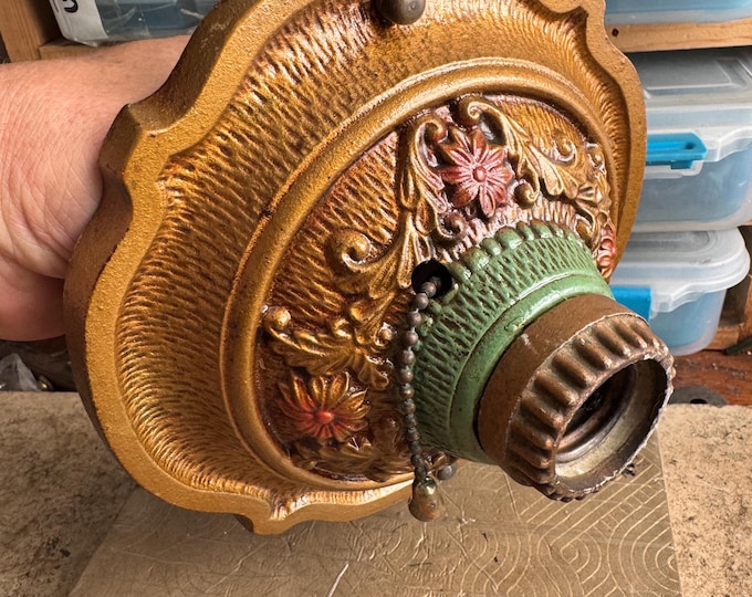 Antique Flush Mount Ceiling Light Fixture, 1910's Heavy Cast Iron, Single Bulb with On/Off Pull Chain, Original Decor, Ready to Install