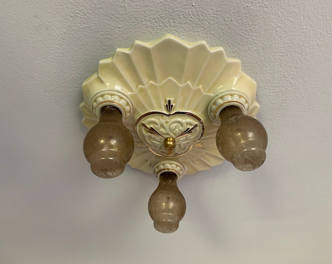 Antique Flush Mount Ceiling Fixture, 1930's Three Light Porcelain Bone China, Deco Nouveau Mix, Rewired Ready to Install, Ancient Crack