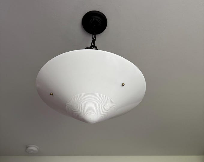 1920's Three-Chain Hanging Milk Glass Ceiling Light Fixture, Large with Black Mounting Hardware, Ready to Install