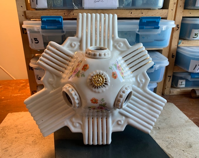 Art Nouveau Farmhouse Flush Mount Ceiling Fixture, 1920's Three Bulb Porcelain, Rewired, Manufactured by Porcelier