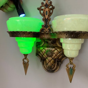 Antique Slip Shade Wall Sconce, 1910&#39;s Two Bulb, Retouched/Rewired, Opalescent Vaseline Glass Shade, Beardslee
