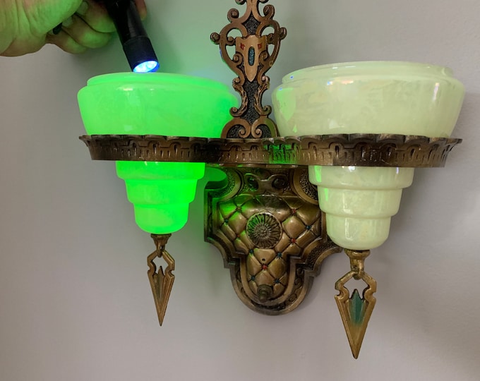 Antique Slip Shade Wall Sconce, 1910's Two Bulb, Retouched/Rewired, Opalescent Vaseline Glass Shade, Beardslee