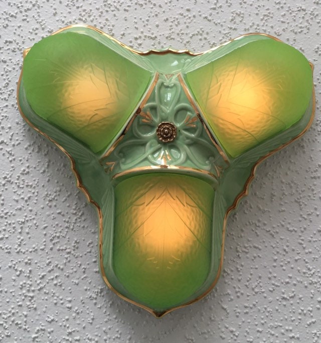 Jadeite Antique Flush Mount Slip Shade Ceiling Fixture with Vaseline