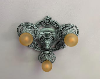 Farmhouse Flush Mount Light Fixture, 1910's Three Bulb Champion Cast Aluminum, Refinished Robin Egg Blue, Ready to Install