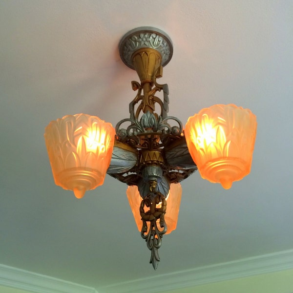 Art Deco Hanging Slip Shade Chandelier, 1910's, Pewter on Antique Gold Decor, 3 Light, Rewired and Restored, Kitchen, Dining, Bedroom, Entry
