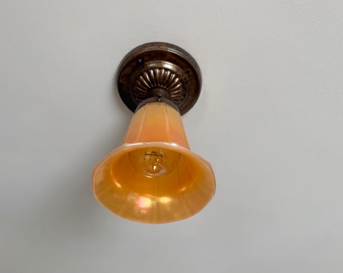 1930's Semi-Flush Single Bulb Ceiling Light Fixture, Butterscotch Art Glass with Bronzed Mounting Hardware, Ready to Install