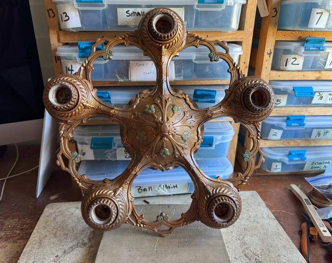 Antique Semi Flush Light Fixture Chandelier, 1910's Heavy Cast Iron, Deep Bronze with Jade and Pink Accents, Restored and Rewired