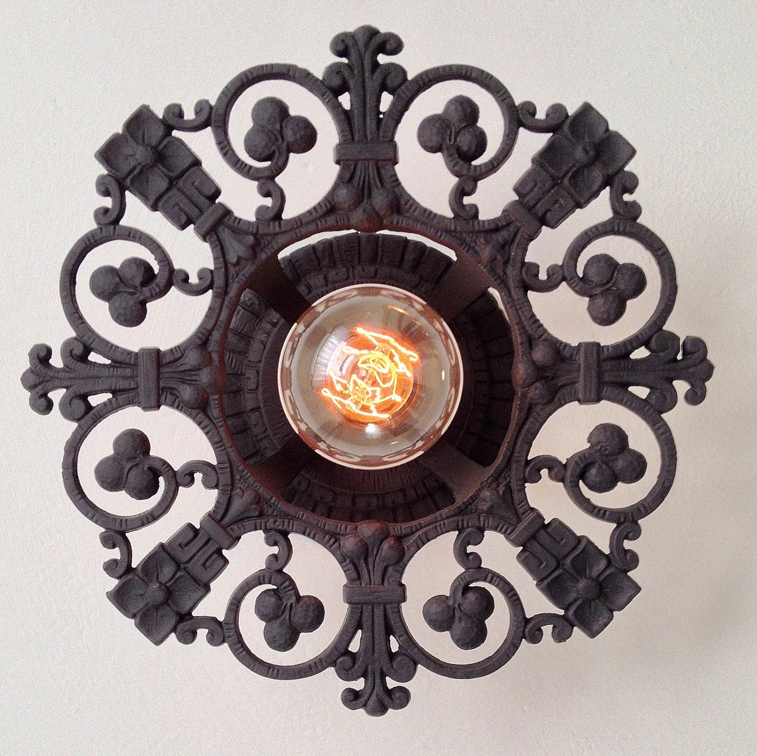 1910's Flush Mount Ceiling Fixture, Single Bulb, Refinished Charcoal