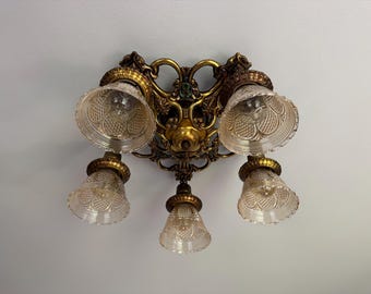 1909 Antique 5 Bulb Semi-Flush Mount Chandelier, 1909 Heavy Cast Brass with Golden Glass Shades, Rewired/ Restored and Ready to Install