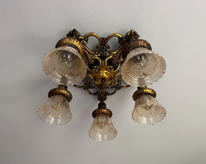 1909 Antique 5 Bulb Semi-Flush Mount Chandelier, 1909 Heavy Cast Brass with Golden Glass Shades, Rewired/ Restored and Ready to Install