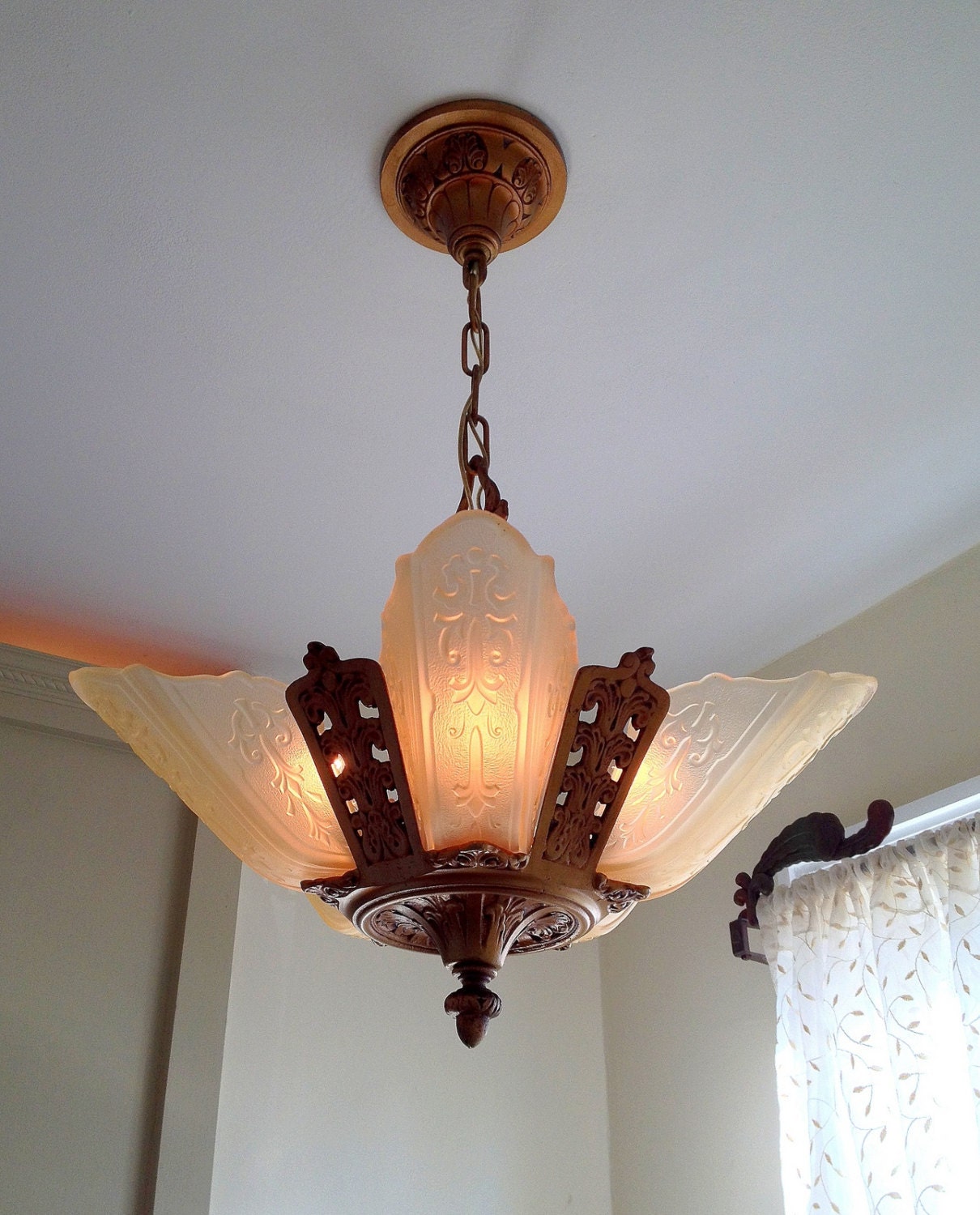 Antique Hanging 5 Light Slip Shade Chandelier, 1920's Cast Iron Art