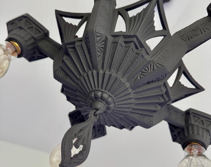 Antique Art Deco 5 Bulb Hanging Ceiling Fixture, 1920's Heavy Cast Iron Charcoal Black, Restored and Ready to Install, Lightolier