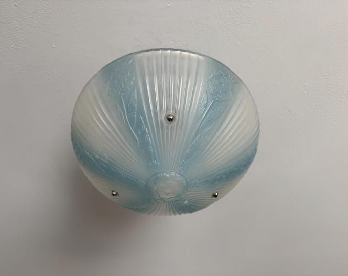 Vintage Lighting 3 Chain Semi Flush Ceiling Light, 1930's, Soft Blue Art Nouveau Glass, Rewired and Ready to Install, Small Face Chip