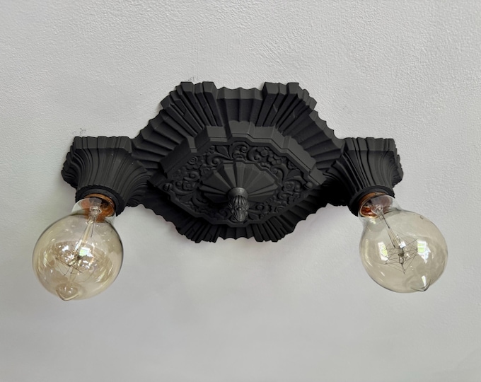 1910's Flush Mount Light Fixture,  Art Deco Nouveau Mix, Cast Aluminum Charcoal Black, Restored/Rewired/Ready to Install