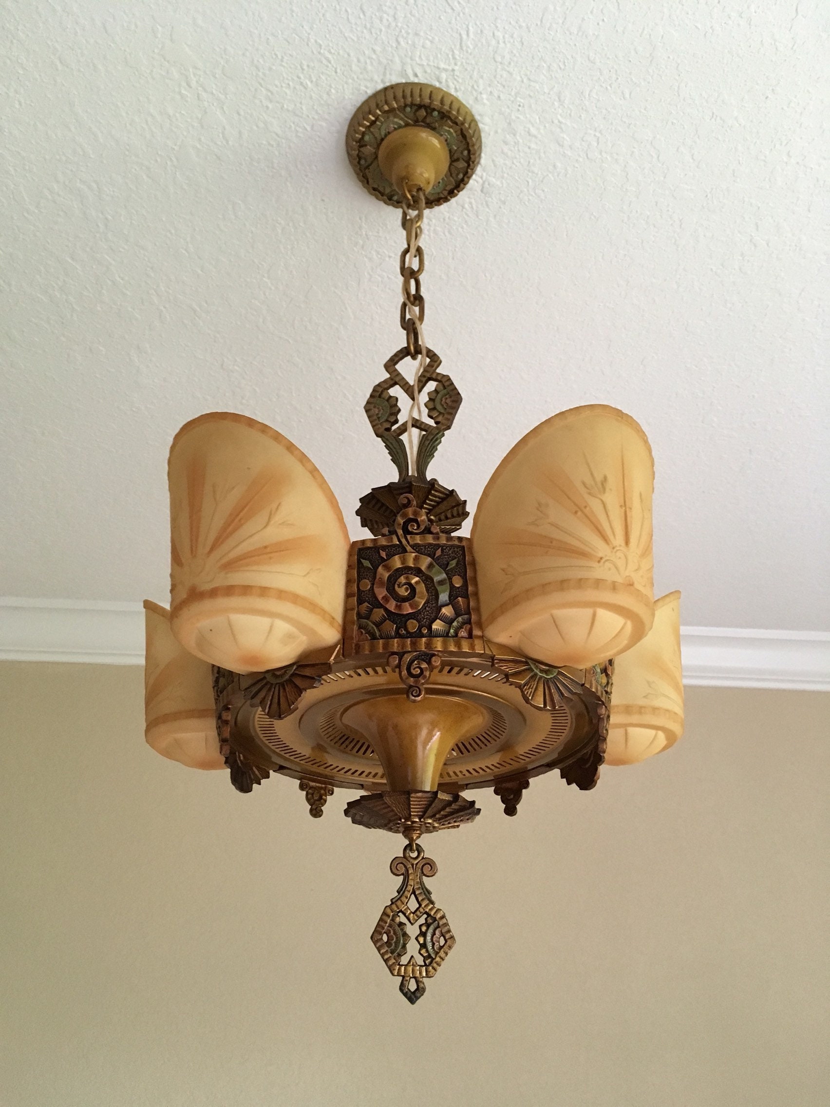 Antique Lighting Slip Shade Chandelier Ceiling Fixture, Art Nouveau