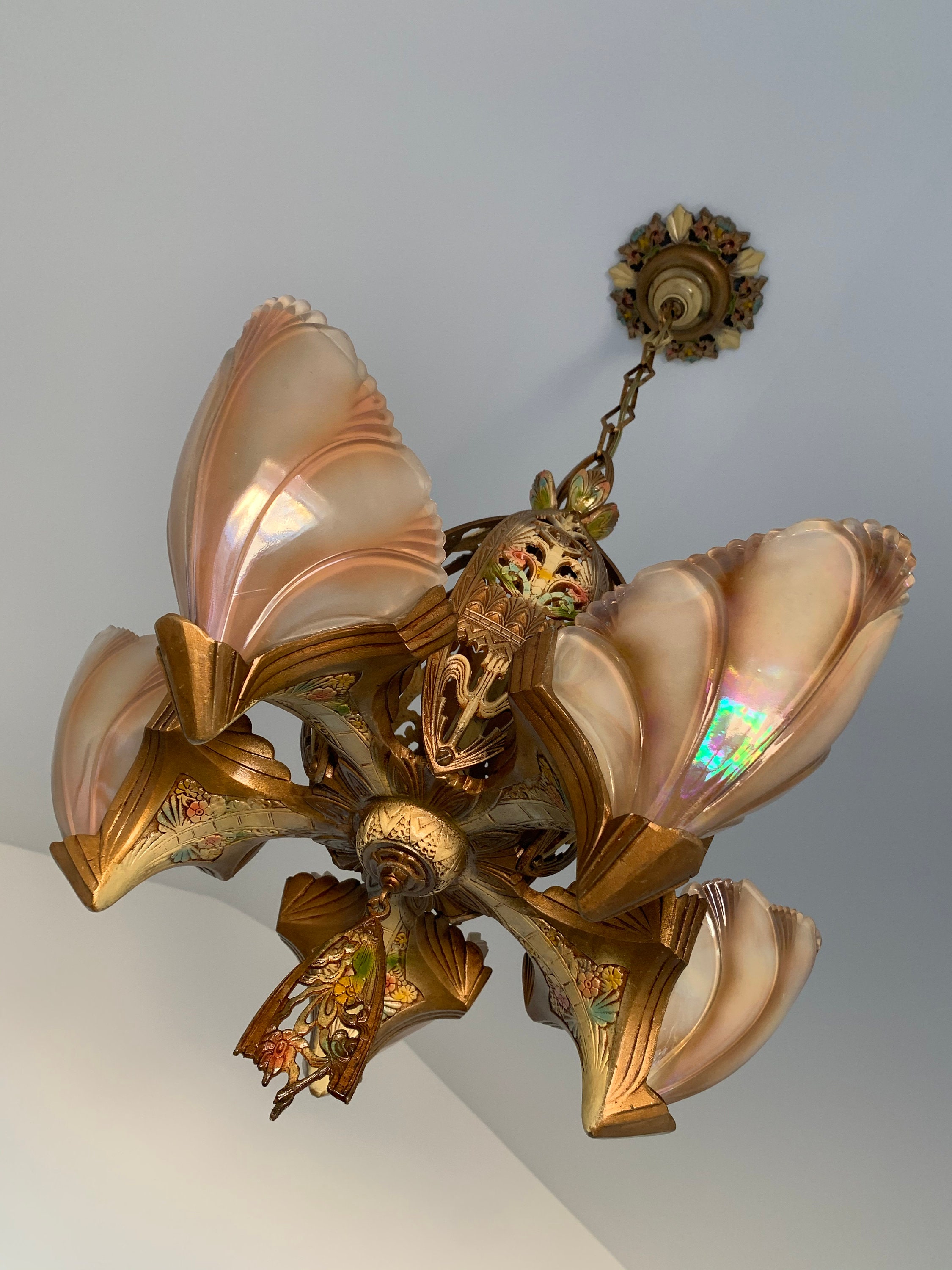 1905/07 Batwing Slip Shade Chandelier, Hanging 5 Light, Retouched
