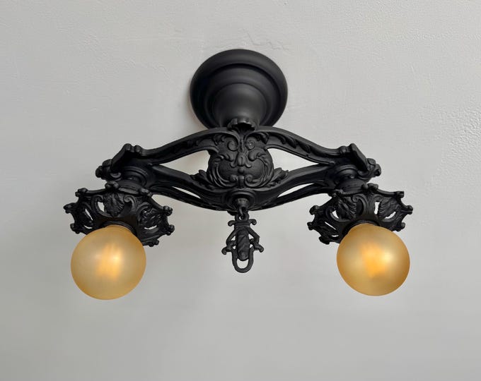 Antique Art Deco Cast Iron Semi-Flush Mount Ceiling Fixture, 1910's LACO, Refinished Charcoal Black,  Attic, Hallway, Bedroom, Kitchen