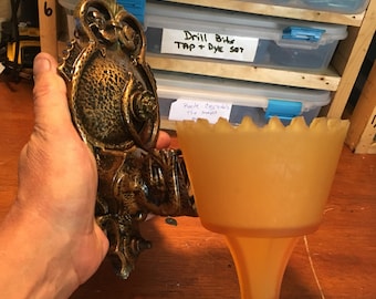 Antique Lighting Wall Sconce, Slip Shade Cast Iron with Serpents, Art Deco, Sunset Amber Glass Shades, Original Decor, Chip on Tip