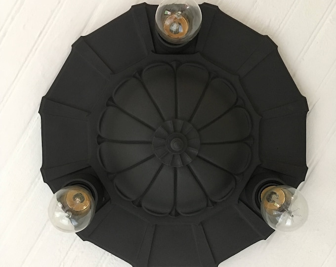 Depression Era Flush Mount Ceiling Light, 1930's Art Deco Cast Spelter, Charcoal Black, Rewired