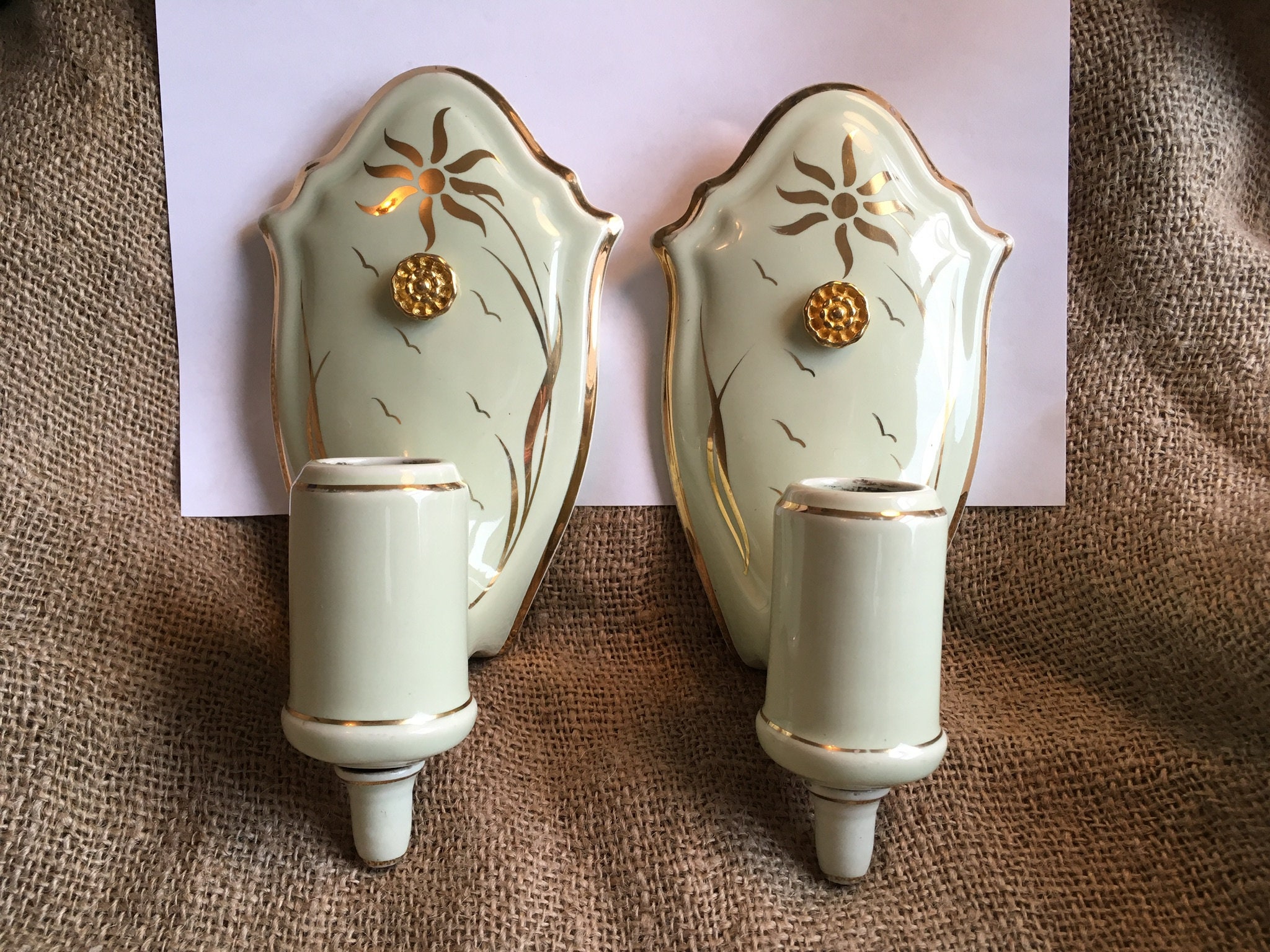 Jade Green Art Deco Wall Sconce with Plug-in, Porcelain with Gold