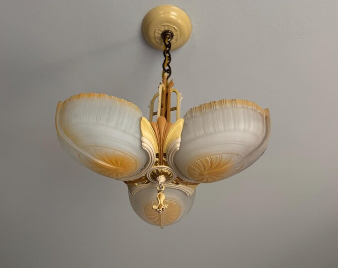 Antique Hanging Slip Shade Ceiling Fixture, 1910's Cast Iron 3 Bulb, Rewired, Original Ivory and Gold Decor, Electrolier