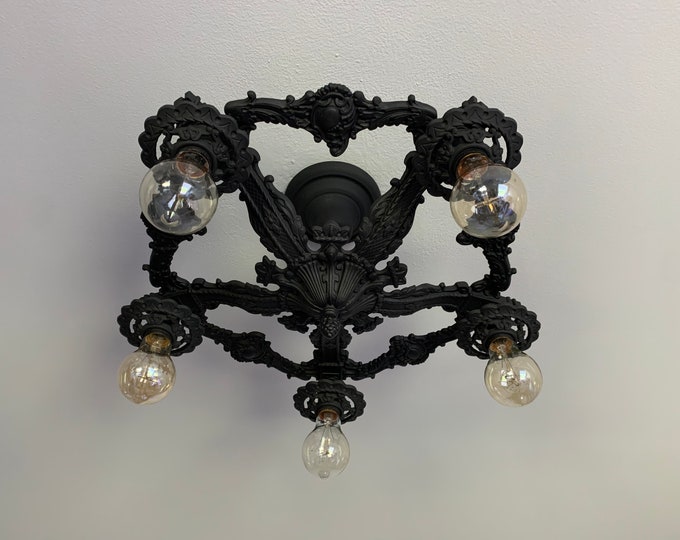 Antique 1910's 5 Bulb Semi Flush Light Fixture, Charcoal Black, Kitchen, Dining Room, Entry, Foyer, Bedroom