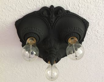 Farmhouse Flush Mount 3 Light Ceiling Fixture, 1920's, Depression Era Cast Spelter, Rewired/Refinished Charcoal Black, Moe Bridges