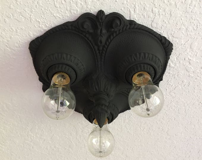 Farmhouse Flush Mount 3 Light Ceiling Fixture, 1920's, Depression Era Cast Spelter, Rewired/Refinished Charcoal Black, Moe Bridges