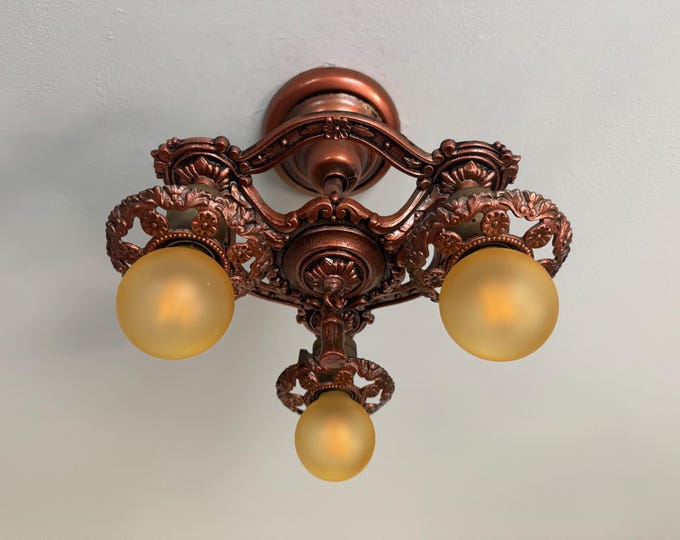 1910's Antique Semi-Flush Mount Light Fixture, Copper Finish w/ On/Off Rotary Switch, Rewired/Ready to Install