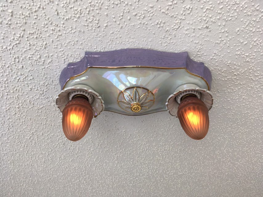 Antique German Porcelain Ceiling Light, Flush Mount, 1930's, Iridescent