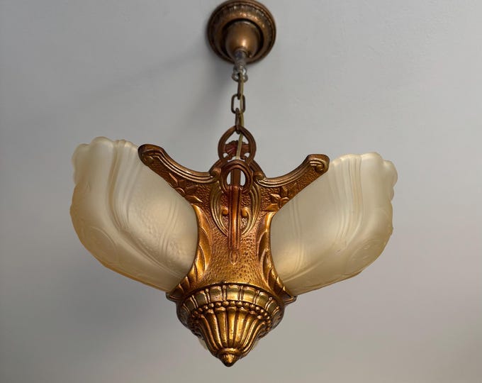 Antique Hanging Slip Shade Ceiling Fixture, 1920's Cast Iron 3 Bulb Vaseline Glass, Rewired/Ready to Install, Original Decor, Patina