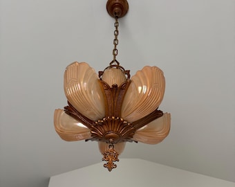 Hanging 6 Bulb Slip Shade Chandelier Ceiling Fixture, Original Bronze Decor with Chevron Glass Shades, Rewired/Restored Ready to Install