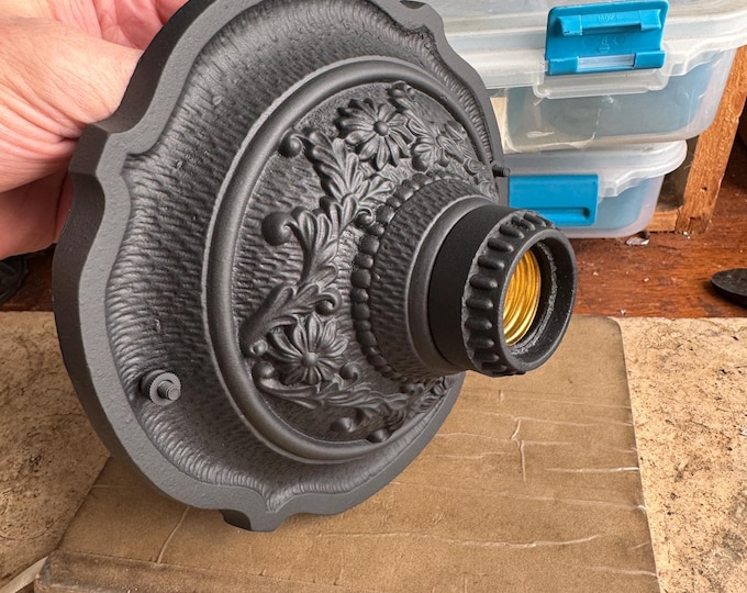 Farmhouse Flush Mount 1910's Cast Heavy Iron Ceiling Light,  Charcoal Black, Rewired, Low Profile Short Ceiling, Markel