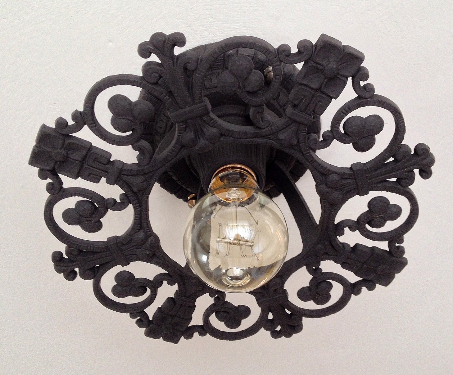 1910's Flush Mount Ceiling Fixture, Single Bulb, Refinished Charcoal