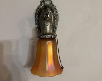 Antique Wall Sconce with Red and Blue Carnival Glass Shade, 1909 Cast Pewter with On/Off Pull Chain, Rewired/Ready to Install, Empire