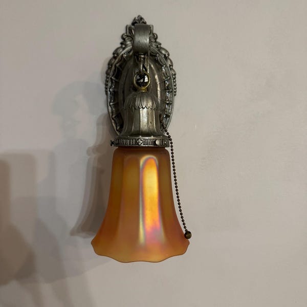Antique Wall Sconce with Red and Blue Carnival Glass Shade, 1909 Cast Pewter with On/Off Pull Chain, Rewired/Ready to Install, Empire