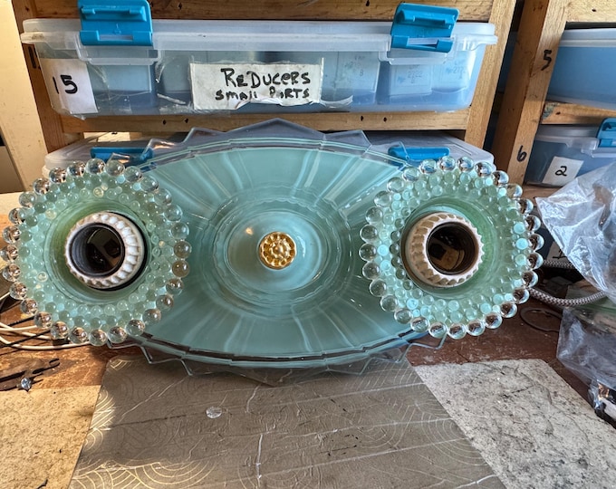1920's Glass Hobnail Flush Mount Ceiling Light, Two Bulb, Reverse Painted Jade, Rewired Ready To Install, Bath, Hallway, Kitchen