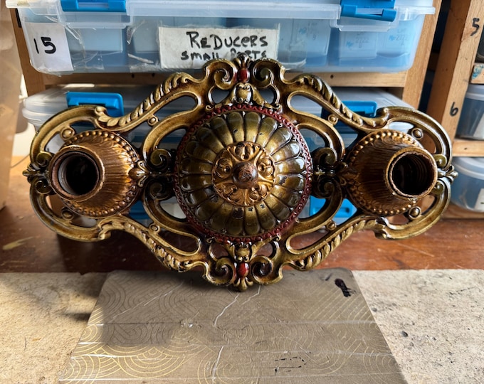 1910's Antique Flush Mount 2 Bulb Ceiling Fixture, Original Bronze Decor with Multi-color Accents, Chippy/Rustic, Rewired/Ready to Install.