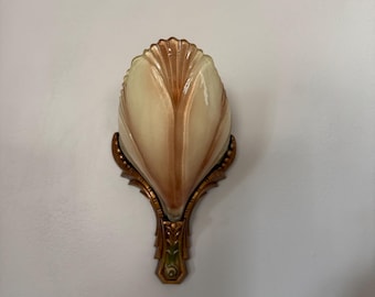 Antique Slip Shade Wall Sconce, 1920's Batwing Single Bulb, Bronze Decor with Jade Accents, Rewired/Restored, On/Off Switch