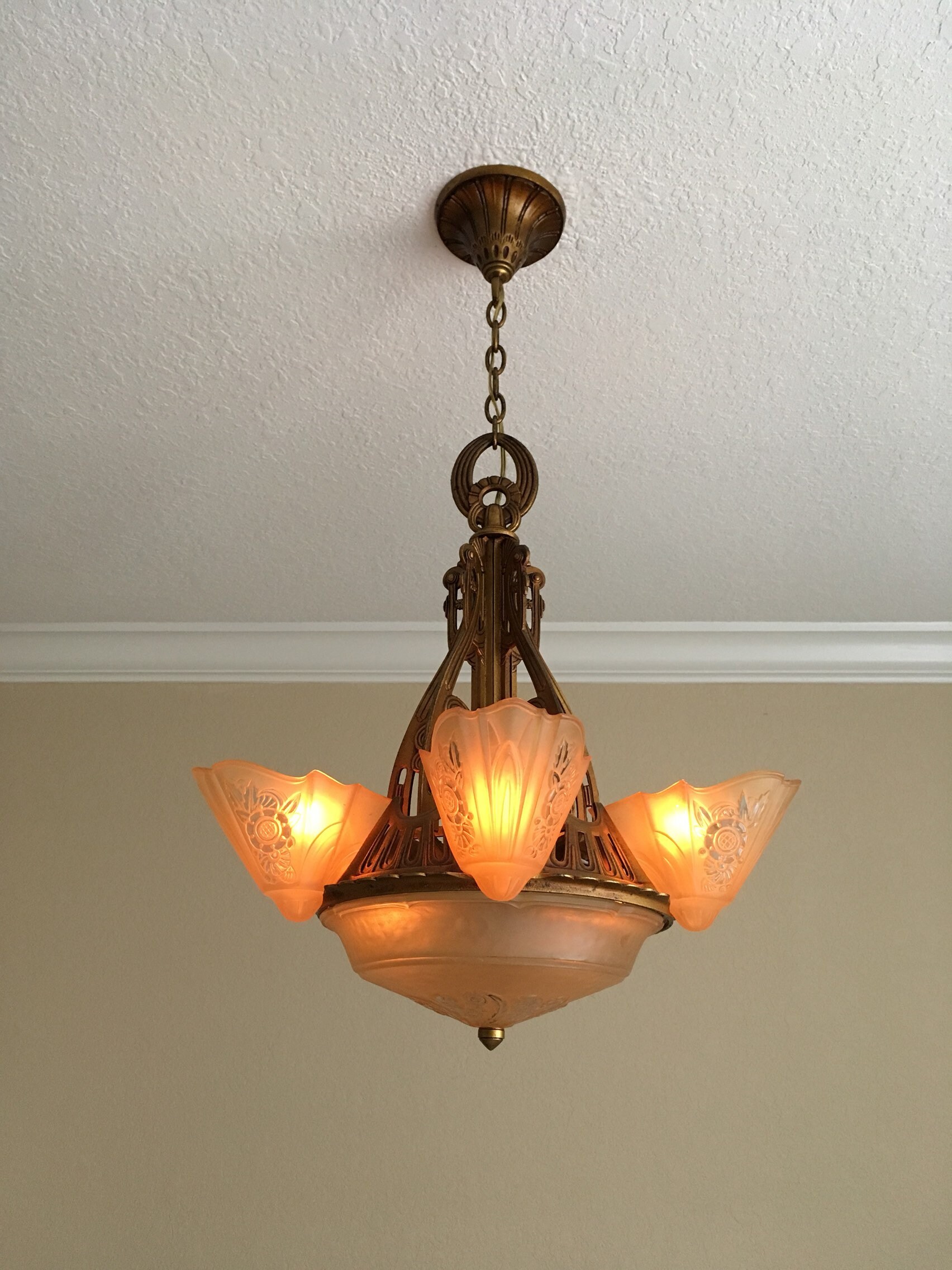 Antique Lighting Slip Shade Chandelier Ceiling Fixture, Restored