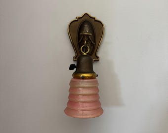 Antique Sconce with Art Deco Glass Shade, 1907 Pressed Brass, On/Off Turn Switch, Rewired and Ready to Install