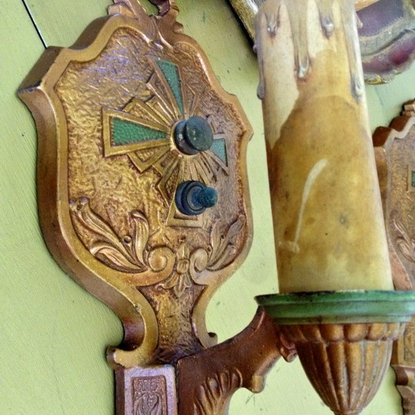 LaSalle Wall Sconce, Art Deco, Rare, 1920's, Jadeite Center, Cast Iron