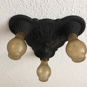 Farmhouse Flush Mount Heavy Cast Iron Ceiling Light, 1910&#39;s Merkel, Charcoal Black, Rewired, Low Profile Short Ceiling