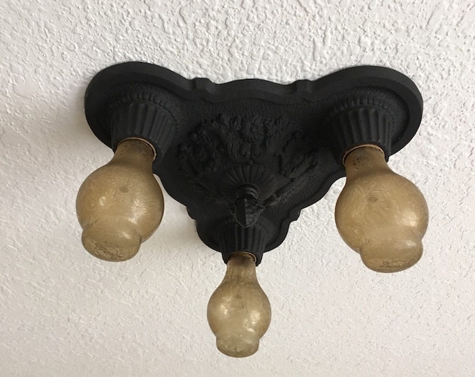 Farmhouse Flush Mount Heavy Cast Iron Ceiling Light, 1910's Merkel, Charcoal Black, Rewired, Low Profile Short Ceiling