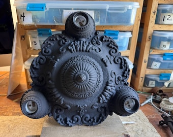 1910's Antique Ceiling Light, Heavy Cast Iron Flush Mount 3 Bulb, Charcoal Black, Short Ceilings/Low Profile, Rewired and Ready to Install