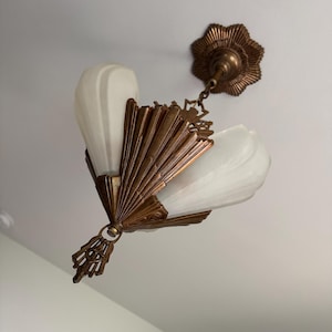 1910s Antique 3 Bulb Hanging Slip Shade Chandelier, Rewired/ Restored, Starburst Pattern, Original Bronze Decor, JC Virden